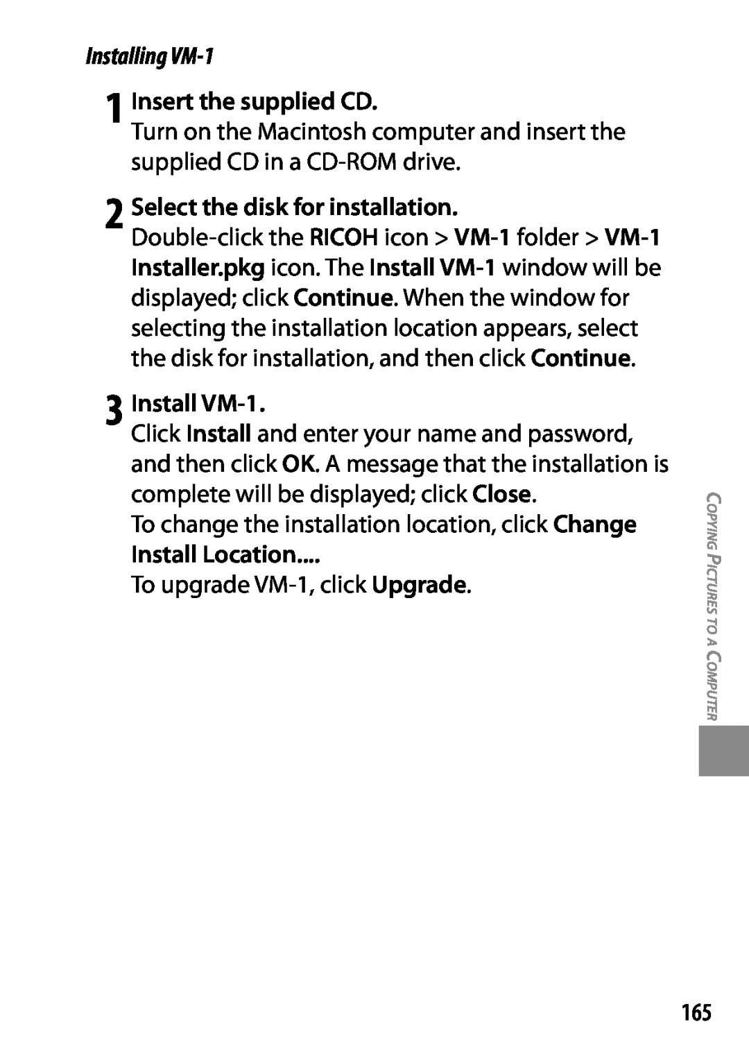 Ricoh GXR Insert the supplied CD, Select the disk for installation, 3 Install VM-1, Install Location, Installing VM-1 